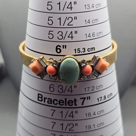 J Crew Antique Gold Tone Cuff Bracelet Faux Coral & Turquoise Stones Rhinestones - Picture 9 of 9